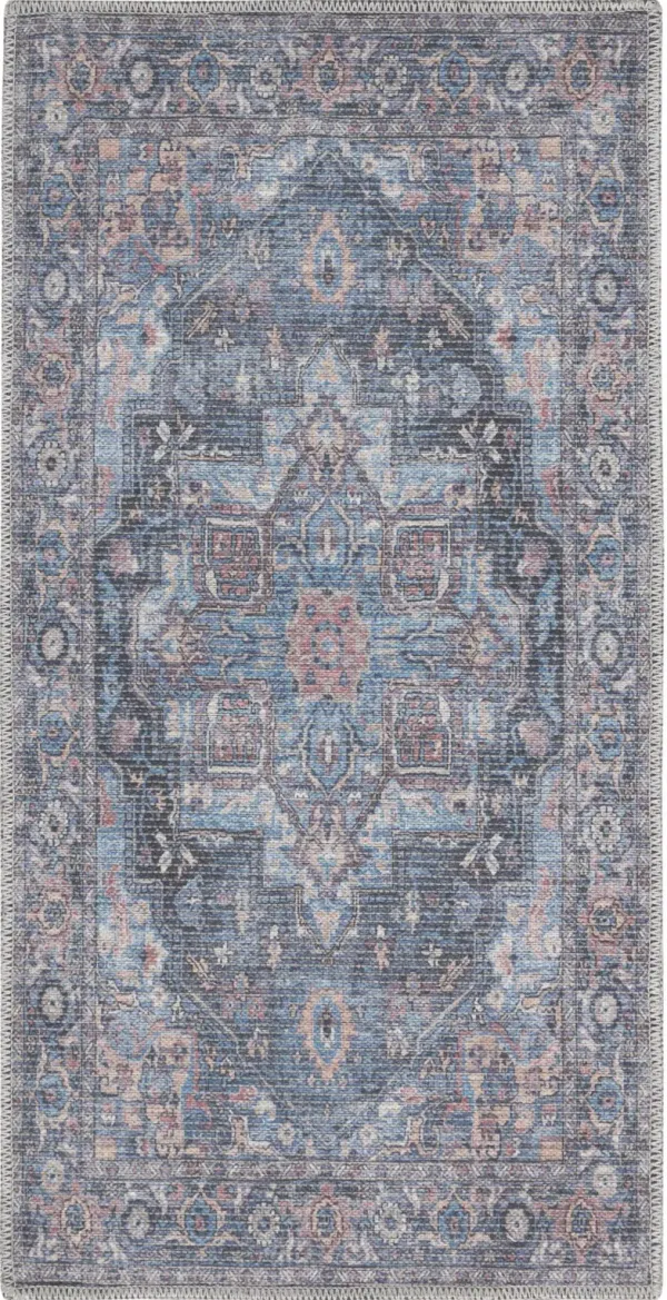 2' x 4' Oriental Power Loom Distressed Washable Area Rug - Light Blue