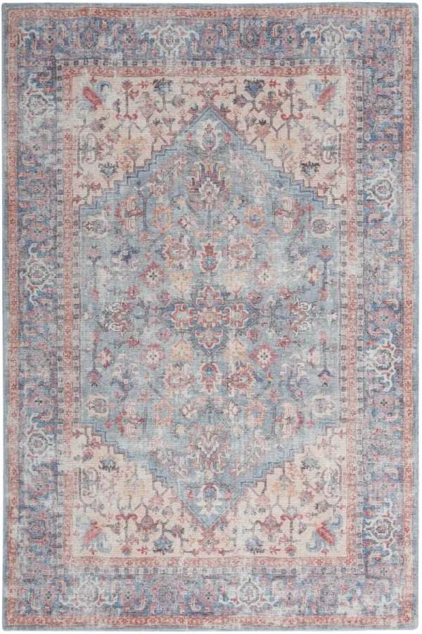 5.3' x 7.3' Oriental Power Loom Distressed Washable Area Rug - Blue