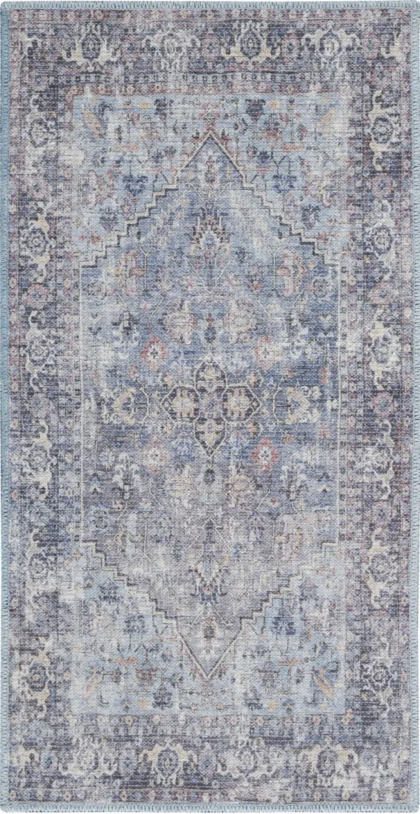 2' x 4' Oriental Power Loom Distressed Washable Area Rug - Light Gray And Blue