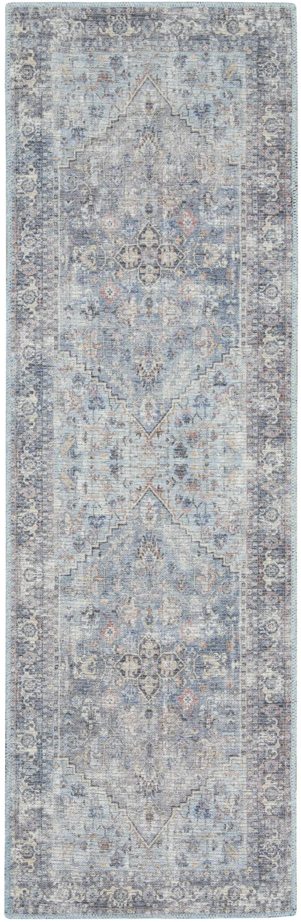 2' x 6' Oriental Power Loom Distressed Washable Runner Rug - Light Gray And Blue