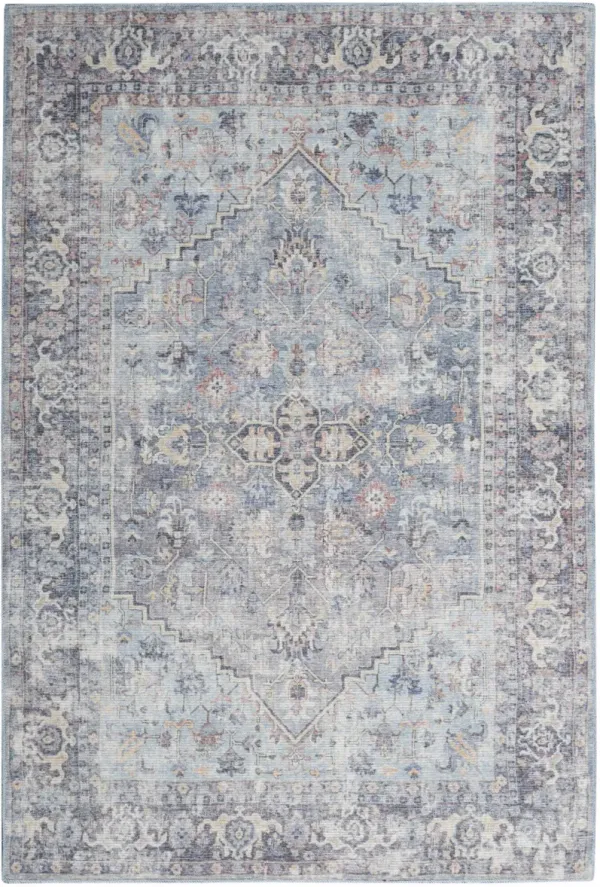 5' x 7' Oriental Power Loom Distressed Washable Area Rug - Light Gray And Blue