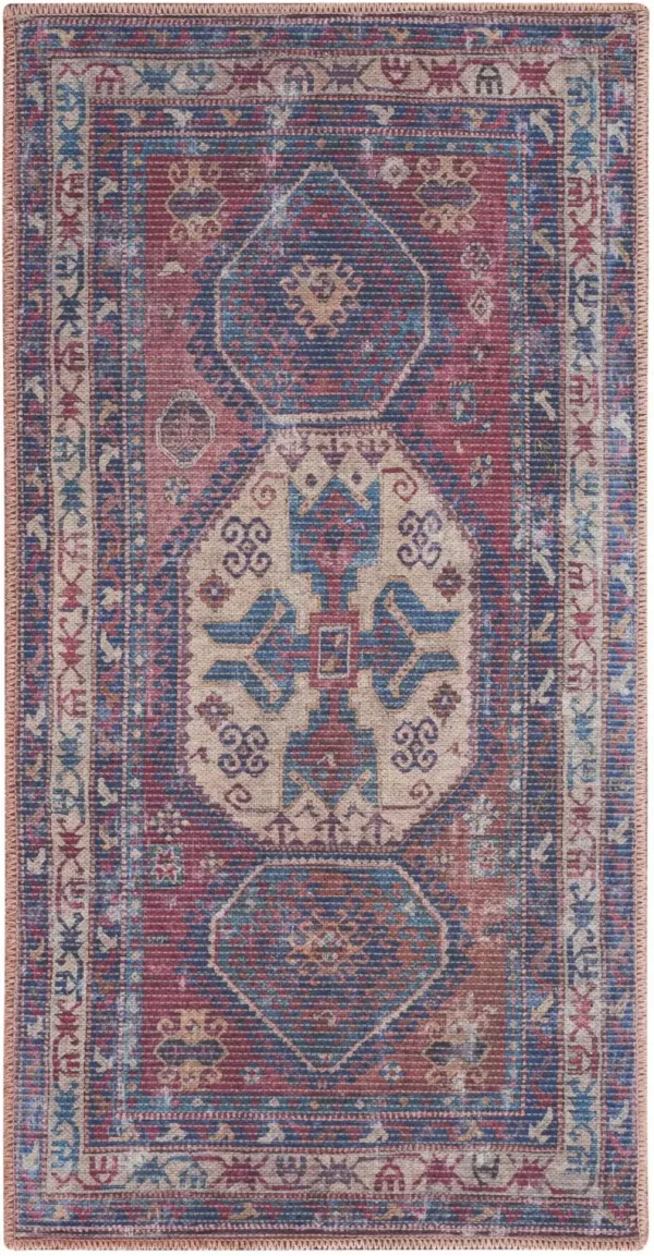 2' x 4' Oriental Power Loom Distressed Washable Area Rug - Red And Navy