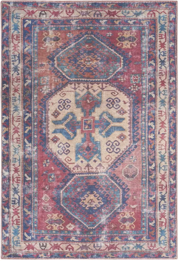 5' x 7' Southwestern Power Loom Distressed Washable Area Rug - Red And Navy