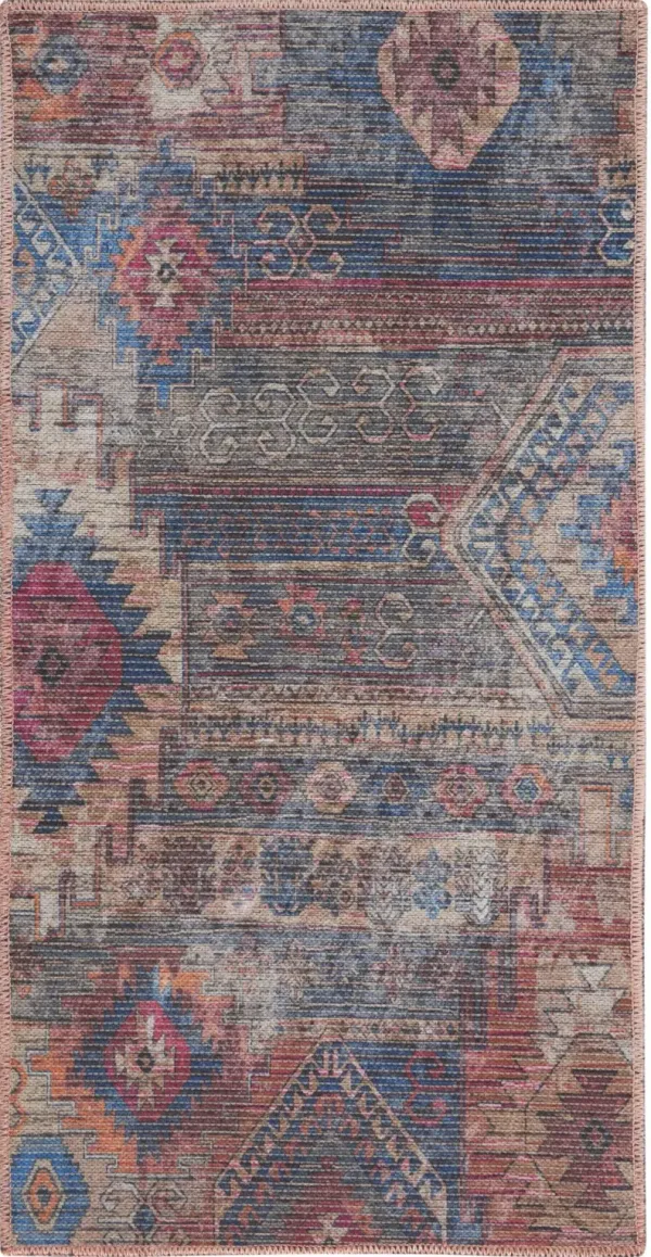 2' x 4' Southwestern Power Loom Distressed Washable Area Rug - Red And Blue