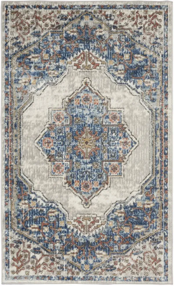 3' x 5' Oriental Power Loom Non Skid Area Rug - Blue And Gray