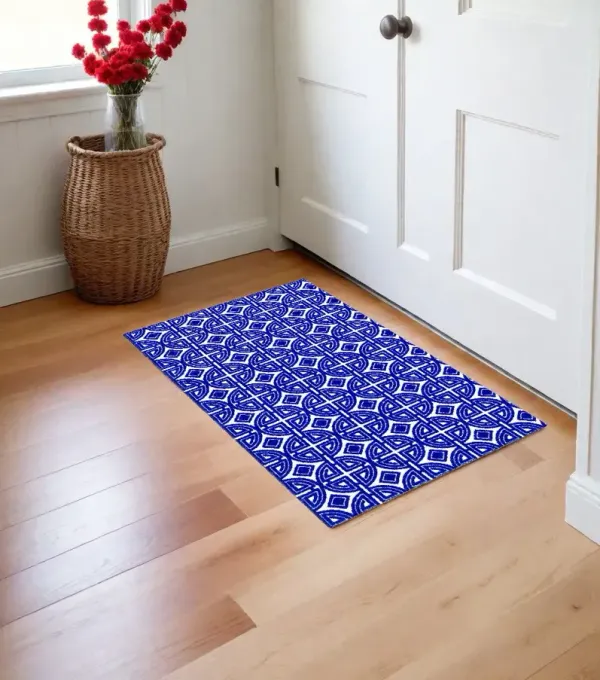 2' x 4' Geometric Washable Non Skid Area Rug - Cobalt Blue And White