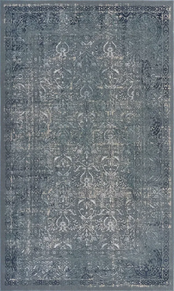 8' x 11' Damask Distressed Stain Resistant Area Rug - Blue Silver Gray And Cream
