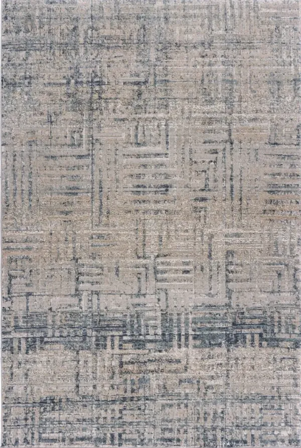2' x 3' Geometric Distressed Stain Resistant Area Rug - Cream Blue And Ivory