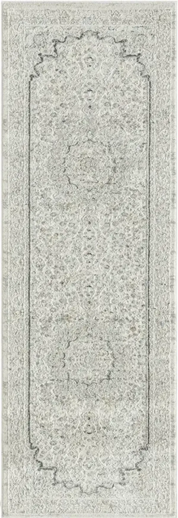 2' x 6' Floral Medallion Power Loom Stain Resistant Area Rug - Ivory And Gray