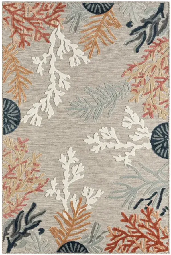 5' x 7' Coastal Coral Indoor Outdoor Area Rug - Gray Beige Orange Blue And White