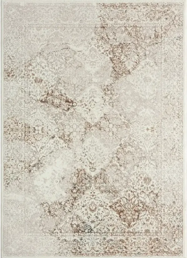 7' x 9' Damask Stain Resistant Area Rug - Beige Cream And Brown