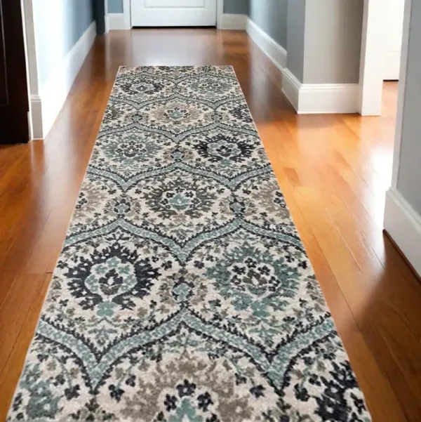 10' Medallion Runner Rug - Ivory Blue And Gray