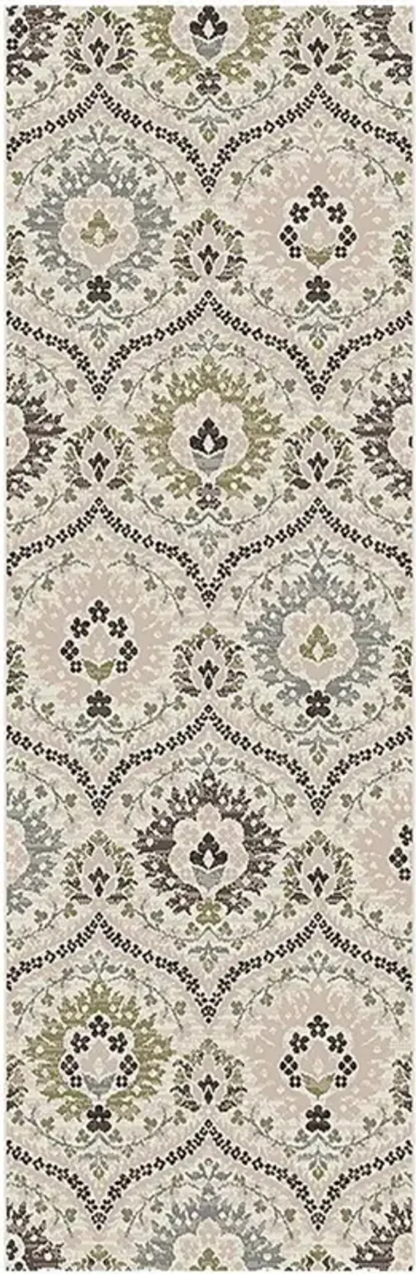 8' Floral Stain Resistant Runner Rug - Ivory Gray And Olive