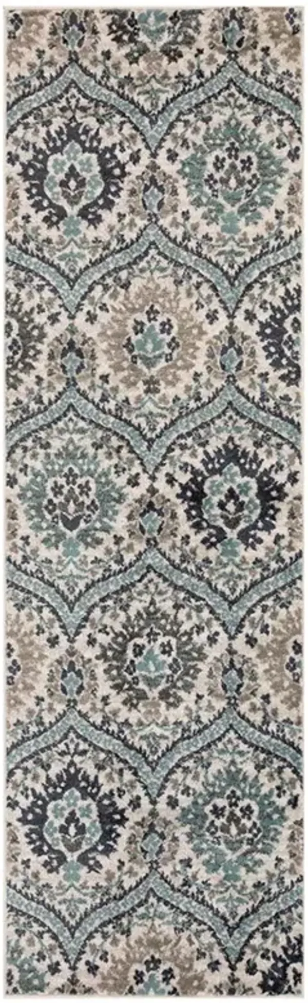 8' Floral Stain Resistant Runner Rug - Ivory Blue And Gray