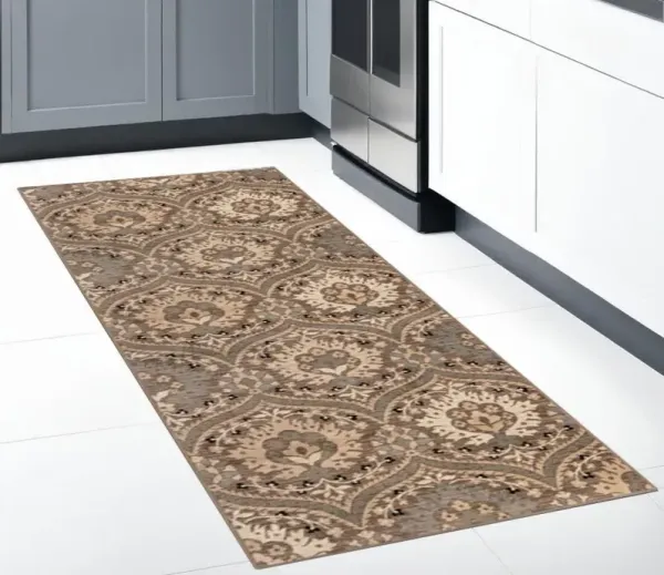 8' Blue Floral Stain Resistant Runner Rug - Ivory Beige And Light