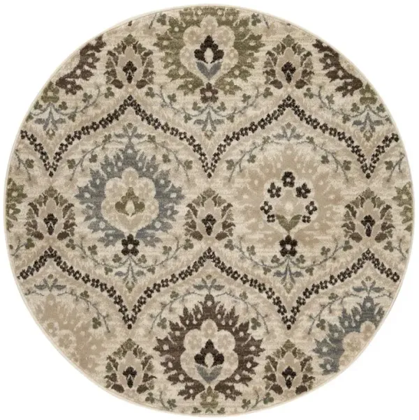 5' Round Floral Stain Resistant Area Rug - Ivory Gray And Olive
