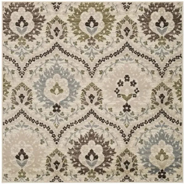 5' Square Floral Stain Resistant Area Rug - Square Ivory Gray And Olive