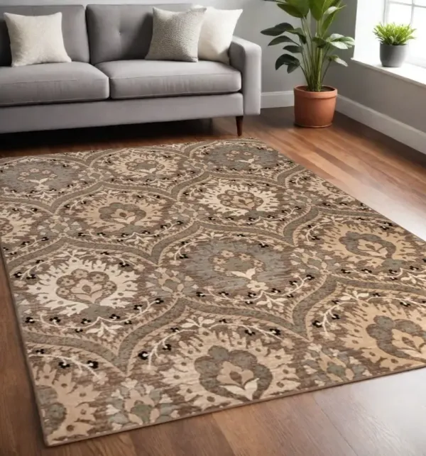 5' x 8' Blue Floral Stain Resistant Area Rug - Ivory Beige And Light