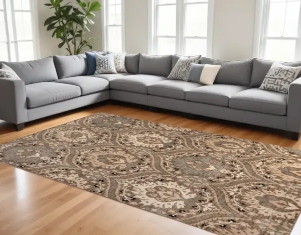6' x 9' Blue Floral Stain Resistant Area Rug - Ivory Beige And Light
