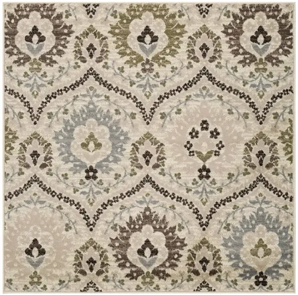 8' Square Floral Stain Resistant Area Rug - Square Ivory Gray And Olive