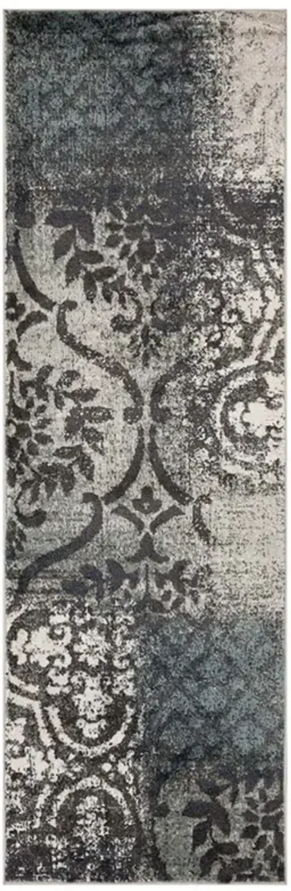 10' Damask Distressed Stain Resistant Runner Rug - Teal And Gray