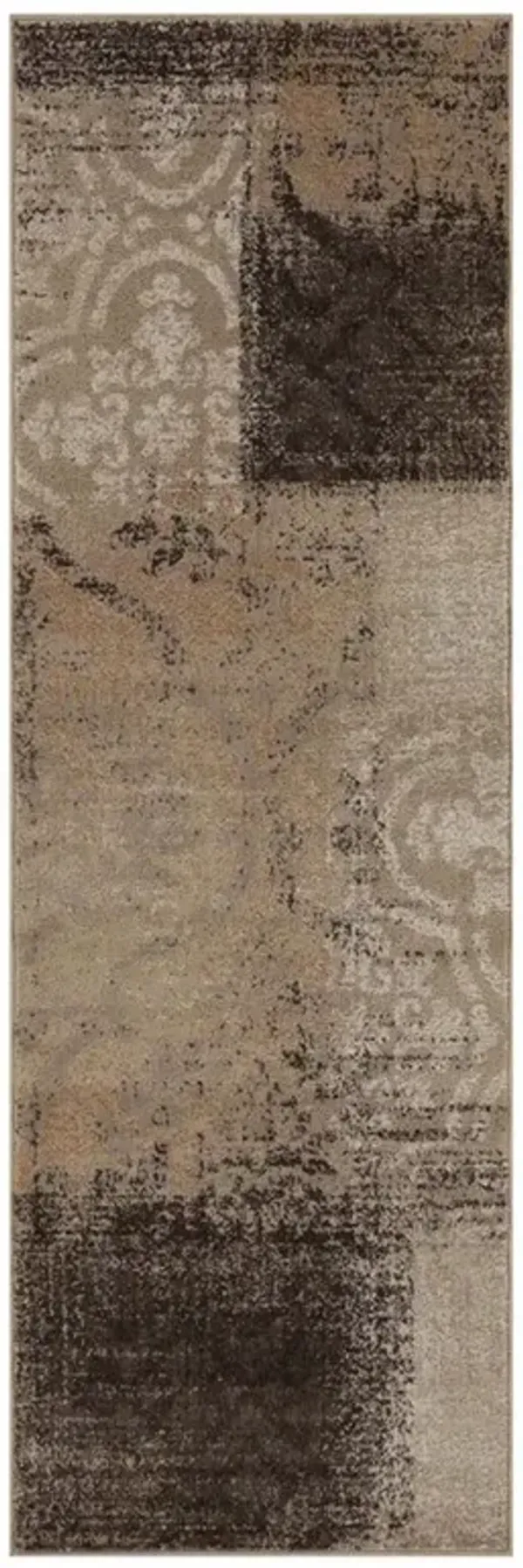 8' Damask Distressed Stain Resistant Runner Rug - Beige Gray And Black
