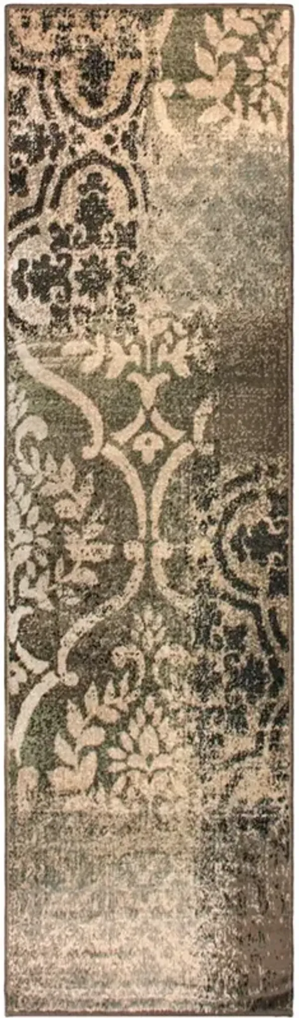 8' Damask Distressed Stain Resistant Runner Rug - Ivory Light Blue