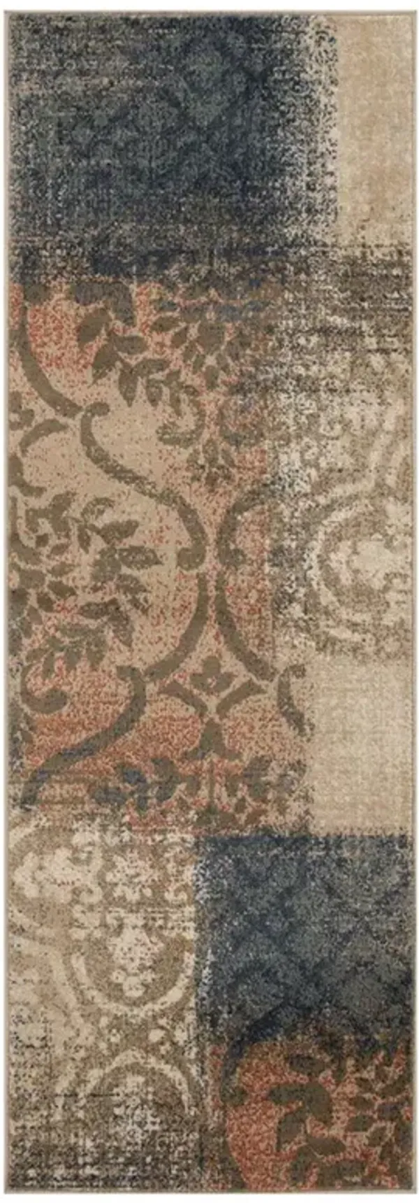 8' Damask Distressed Stain Resistant Runner Rug - Navy And Salmon