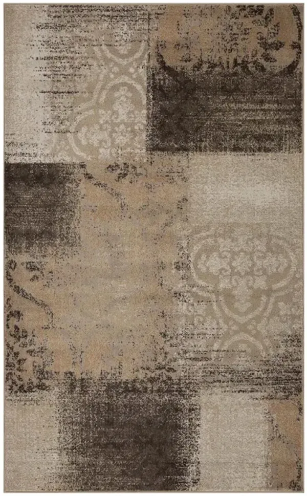 4' x 6' Damask Distressed Stain Resistant Area Rug - Beige Gray And Black