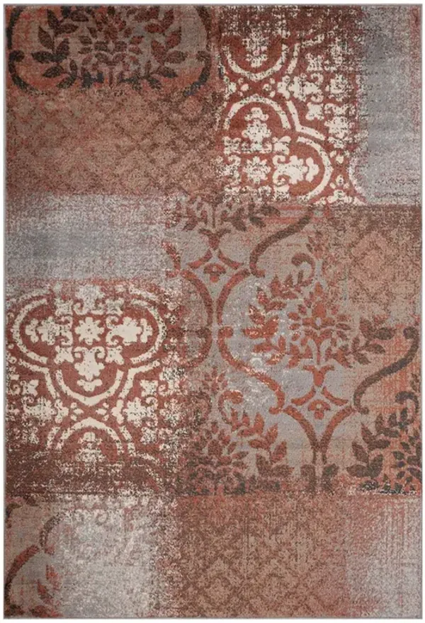 4' x 6' Damask Distressed Stain Resistant Area Rug - Rust And Gray