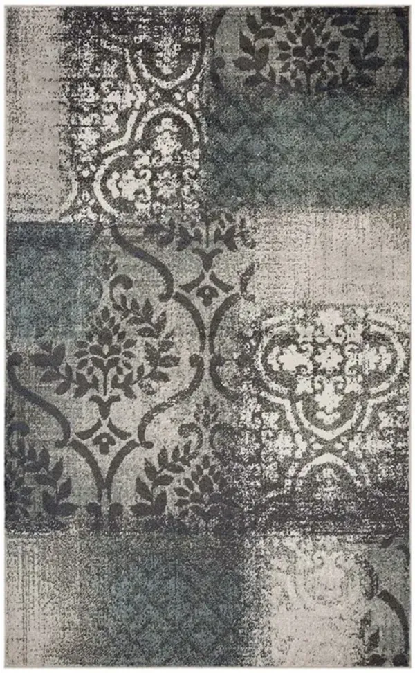 5' x 8' Damask Distressed Stain Resistant Area Rug - Teal And Gray