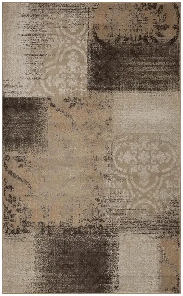 7' x 9' Damask Distressed Stain Resistant Area Rug - Beige Gray And Black