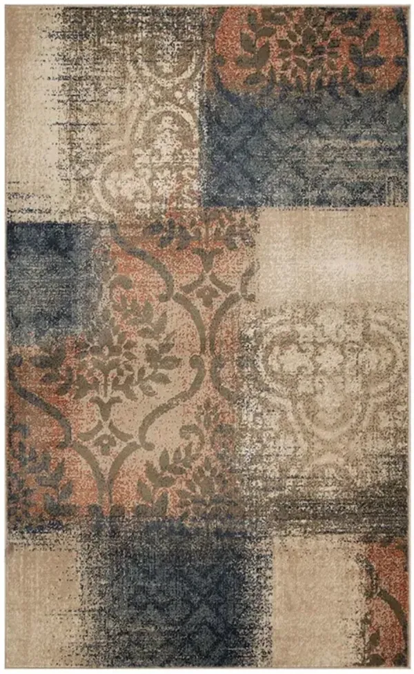 8' x 10' Damask Distressed Stain Resistant Area Rug - Navy And Salmon