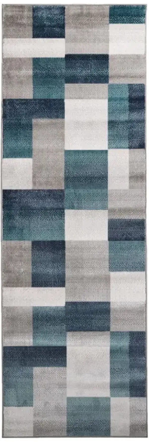 8' Patchwork Power Loom Stain Resistant Runner Rug - Teal And Gray