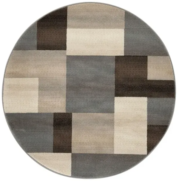 5' Round Patchwork Power Loom Stain Resistant Area Rug - Gray-Brown