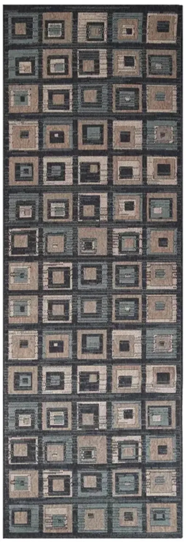 8' Checkered Stain Resistant Runner Rug - Color Block Beige And Teal