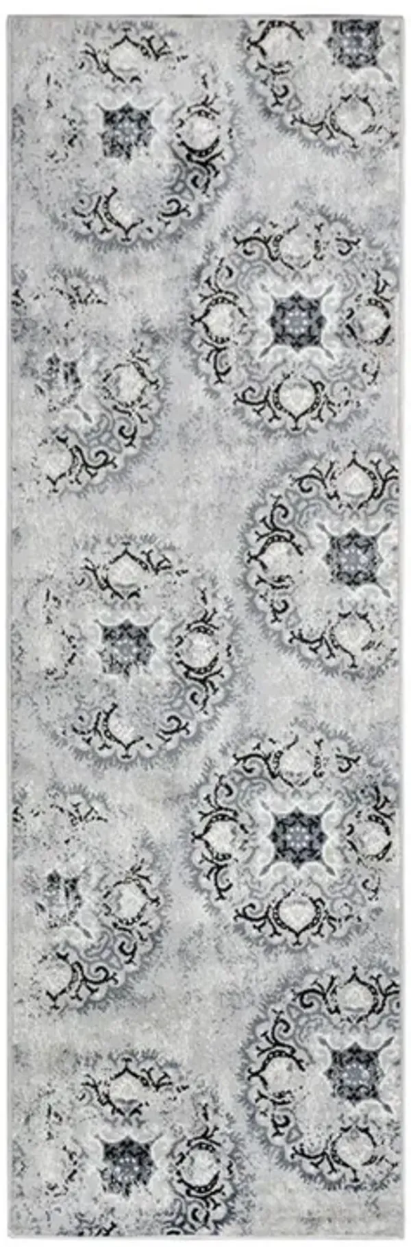 8' Geometric Medallion Stain Resistant Runner Rug - Silver And Gray