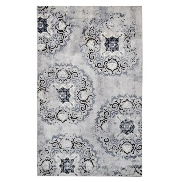 8' x 10' Geometric Medallion Stain Resistant Area Rug - Silver And Gray