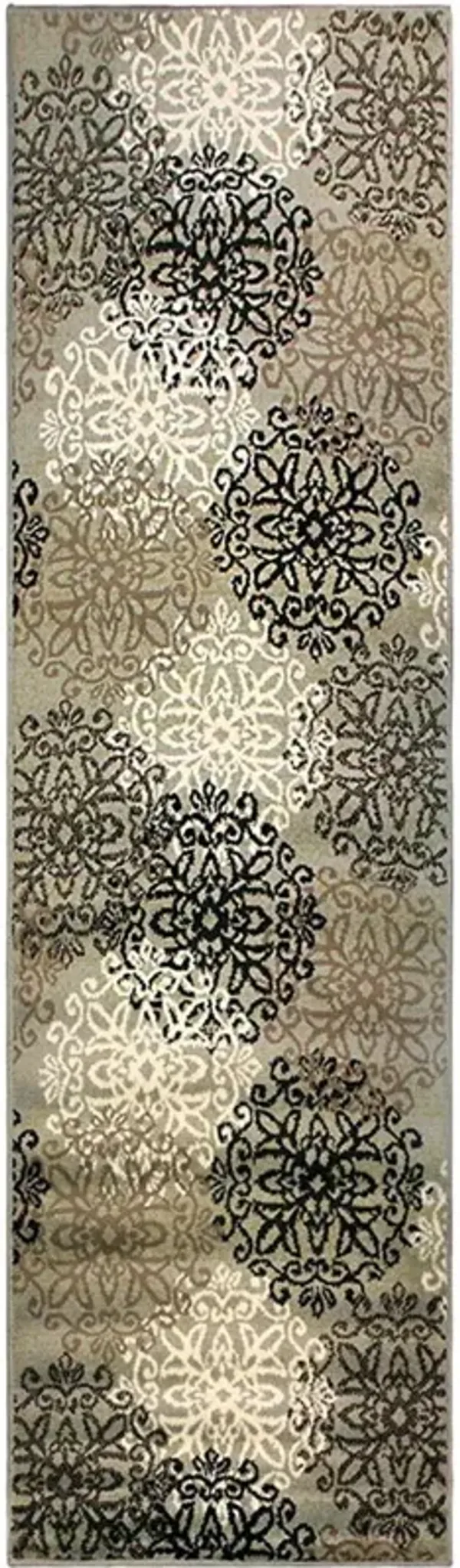 8' Medallion Power Loom Stain Resistant Runner Rug - Blue And Gray