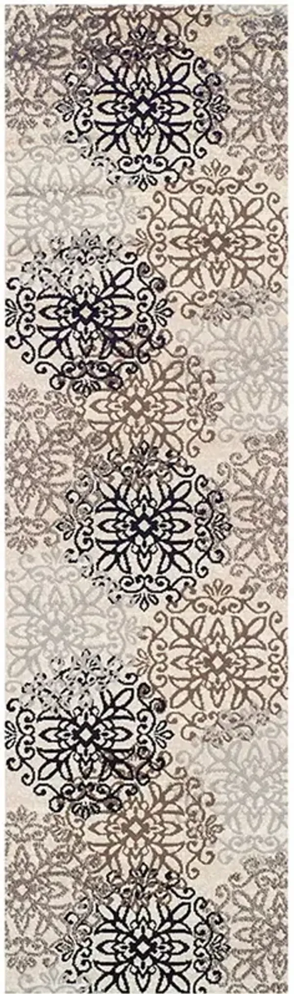 12' Floral Medallion Stain Resistant Runner Rug - Tan Gray And Black