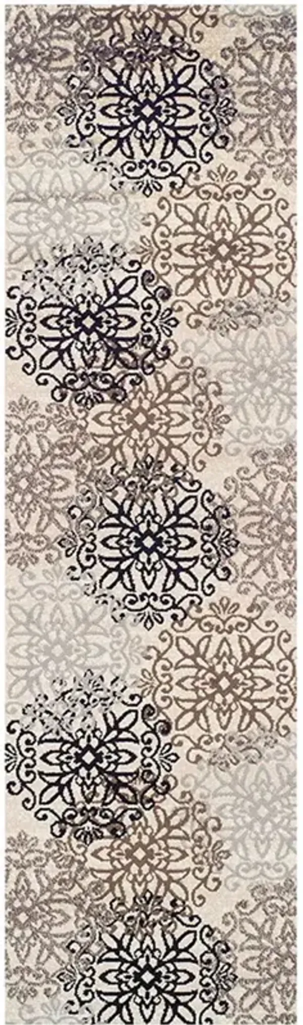 11' Floral Medallion Stain Resistant Runner Rug - Tan Gray And Black