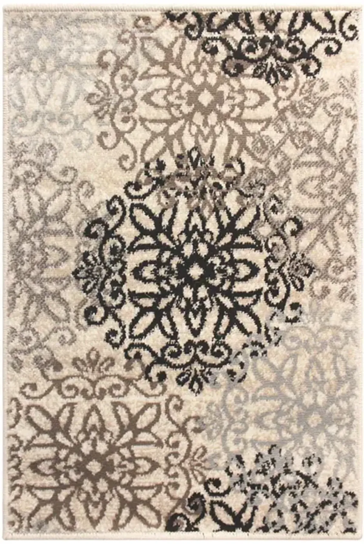 2' x 3' Floral Medallion Stain Resistant Area Rug - Tan Gray And Black