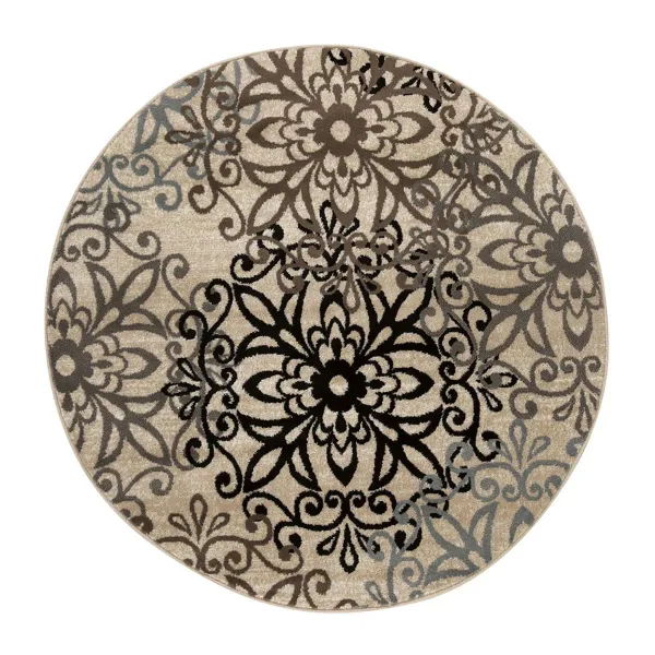5' Round Floral Medallion Stain Resistant Area Rug - Tan Gray And Black