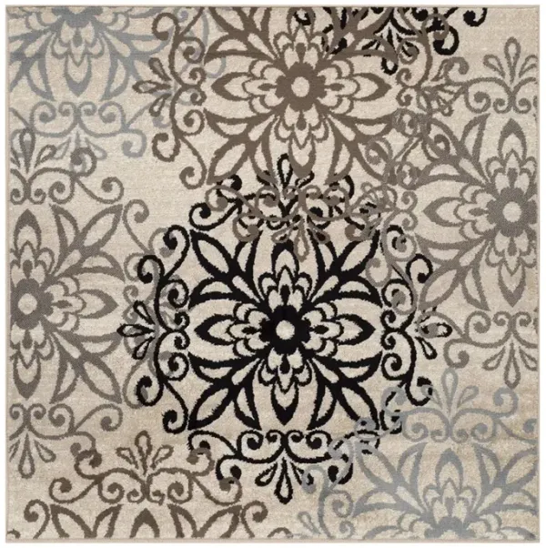 5' Square Floral Medallion Stain Resistant Area Rug - Square Tan Gray And Black