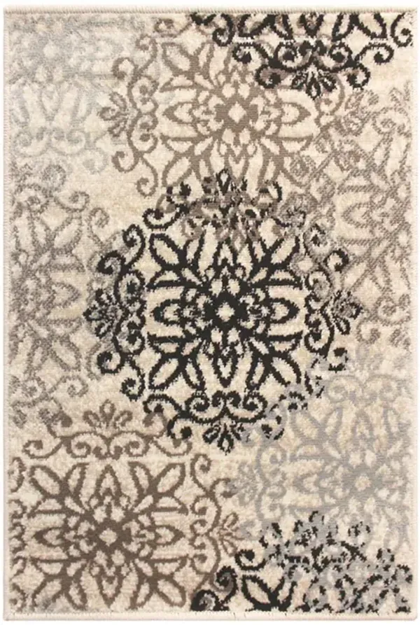 8' x 10' Floral Medallion Stain Resistant Area Rug - Tan Gray And Black