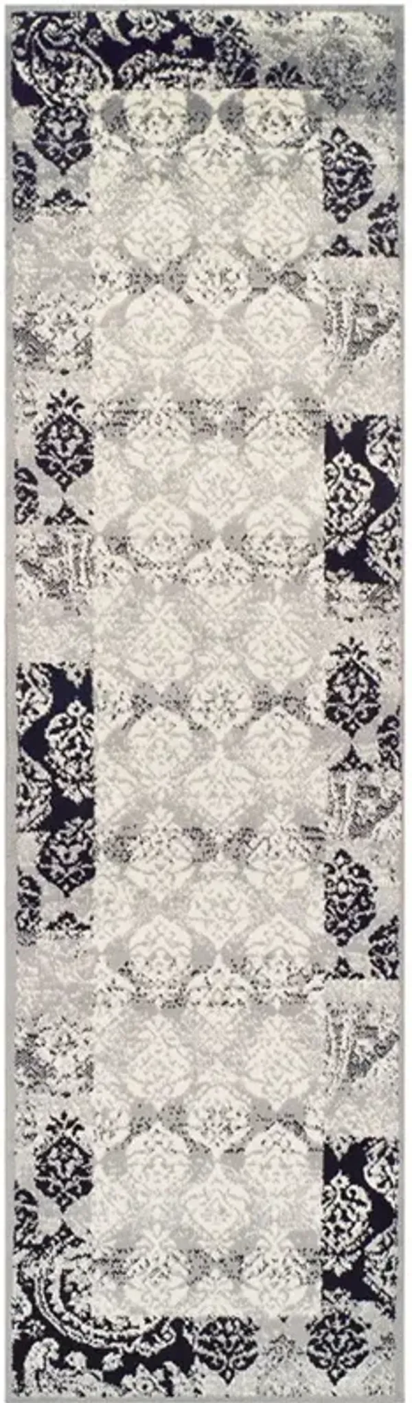 8' Damask Power Loom Distressed Stain Resistant Runner Rug - Black And Gray