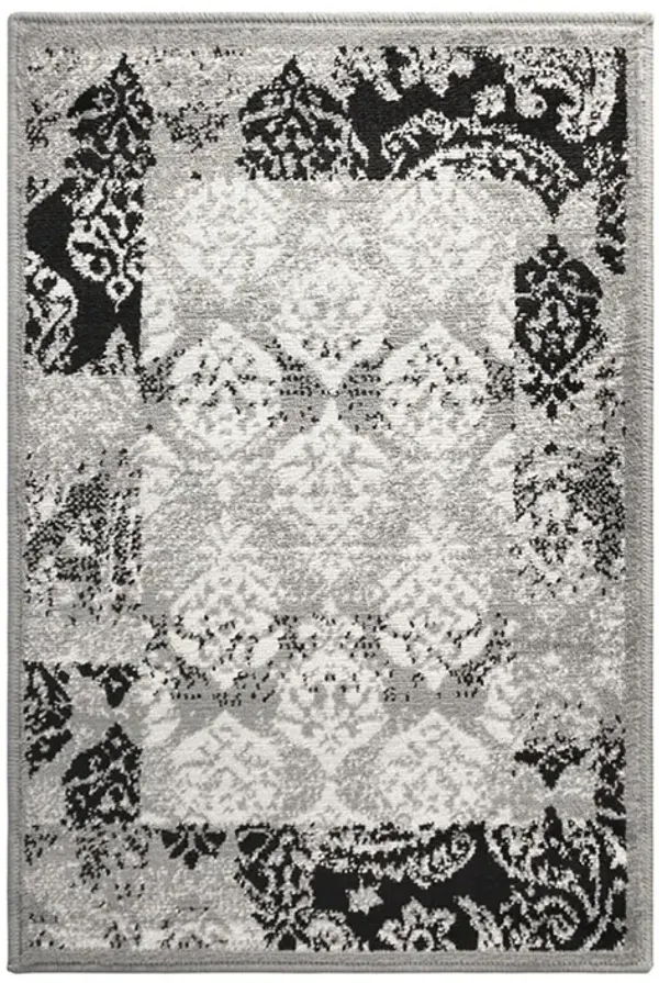 2' x 3' Damask Power Loom Distressed Stain Resistant Area Rug - Black And Gray