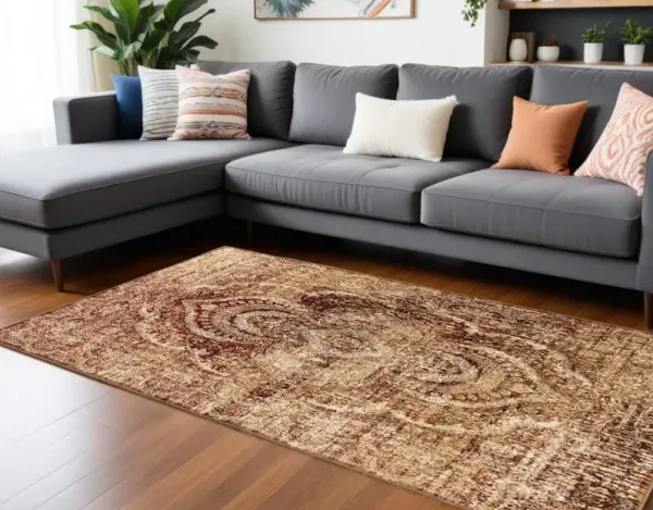 9' x 12' Abstract Power Loom Distressed Stain Resistant Area Rug - Maroon And Gold