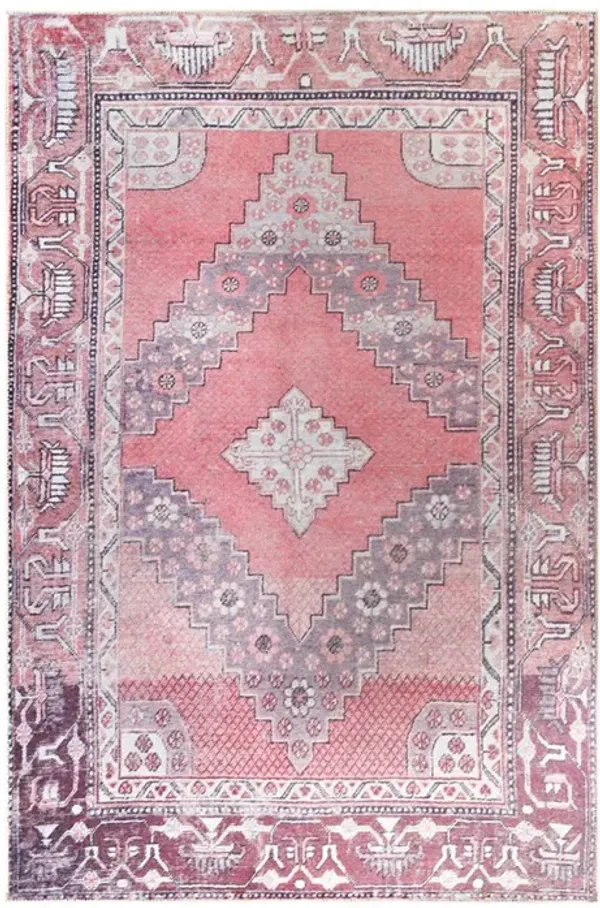 5' x 8' Geometric Power Loom Distressed Stain Resistant Non Skid Area Rug - Pink