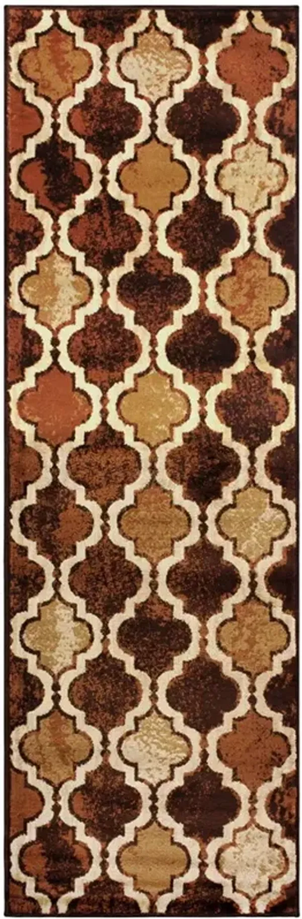 8' Quatrefoil Power Loom Distressed Stain Resistant Runner Rug - Coffee